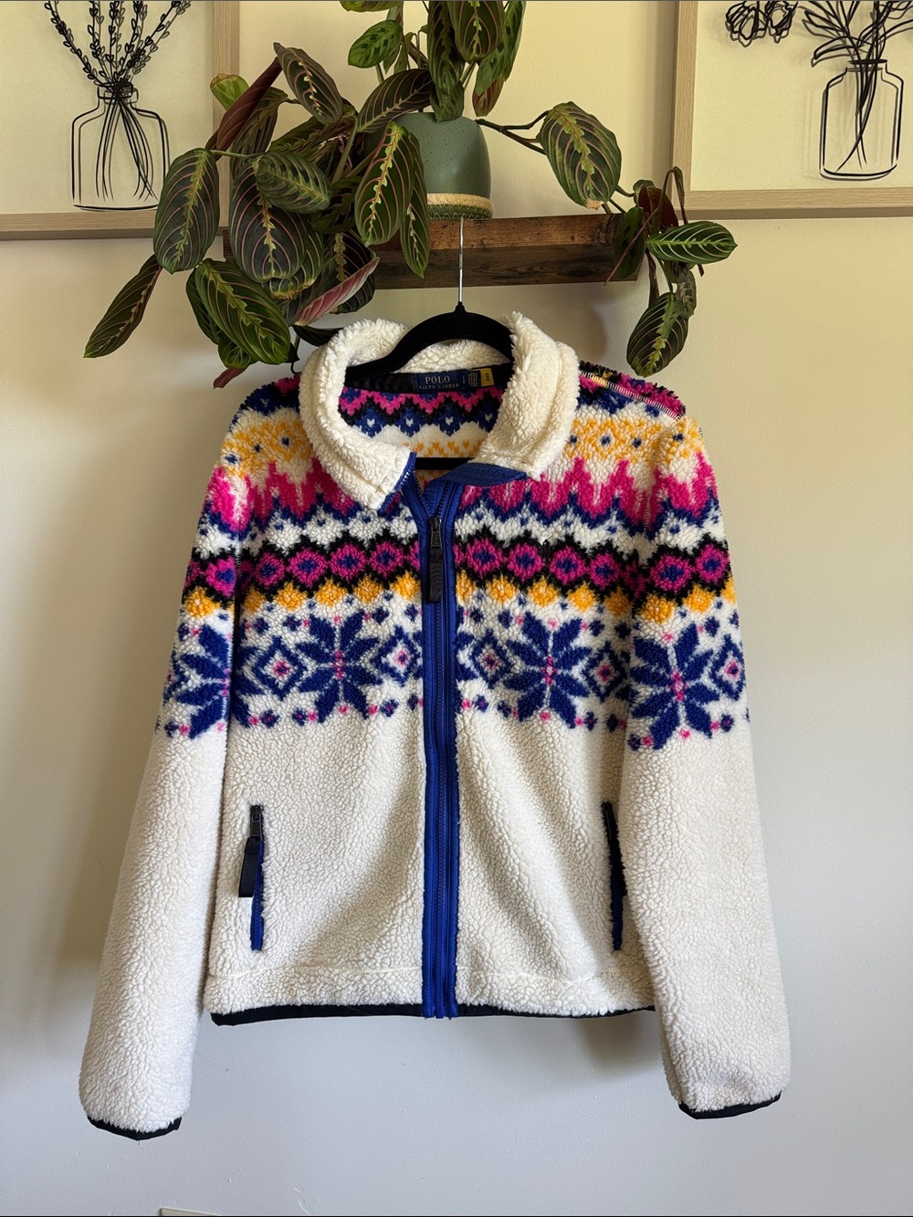 Polo by Ralph Lauren White Sherpa Jacket with Multicolor Fair Isle Yoke